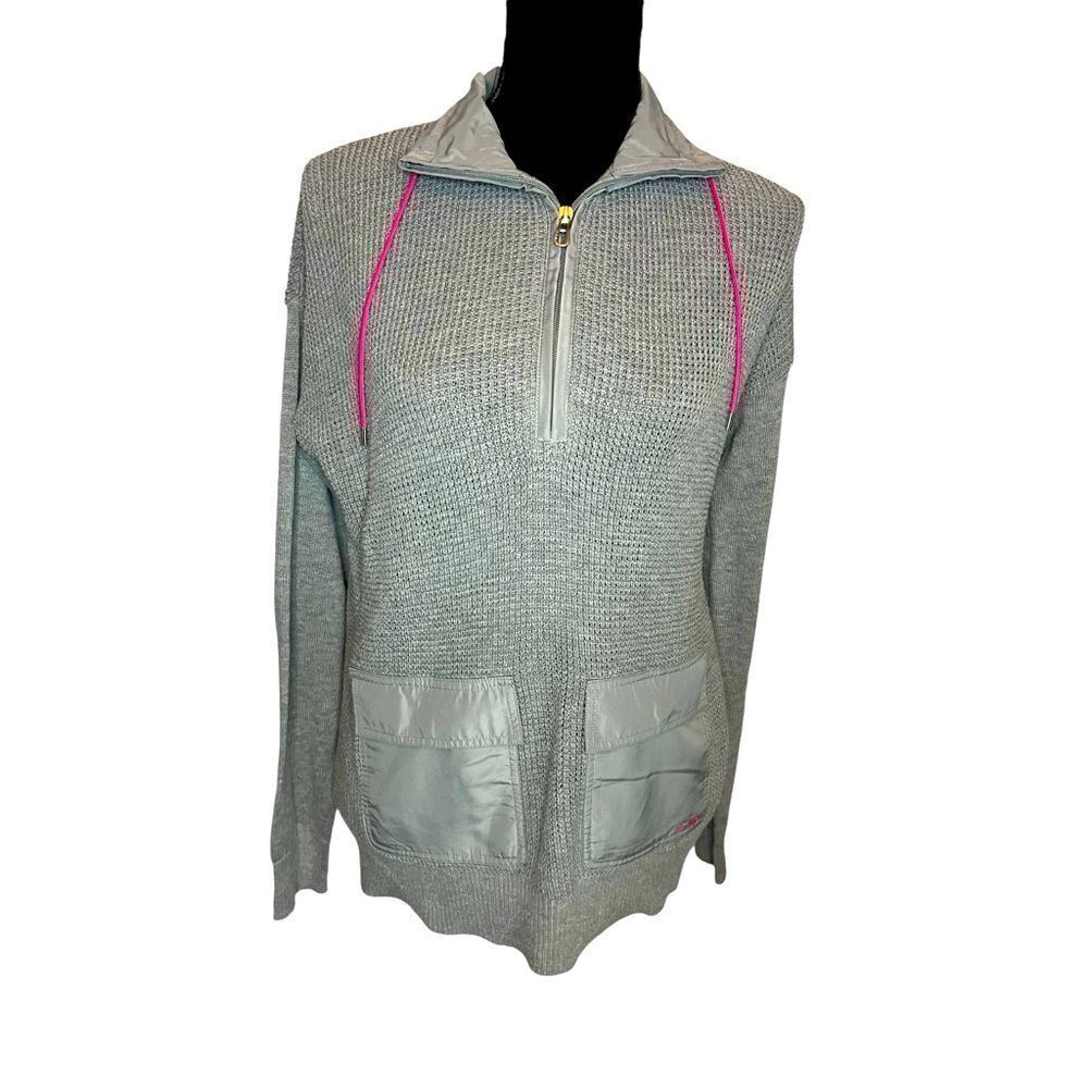 LAUREN RALPH LAUREN OVERSIZED‎ HEAVY WAFFLE KNIT GRAY AND PINK PULLOVER SIZE XS
